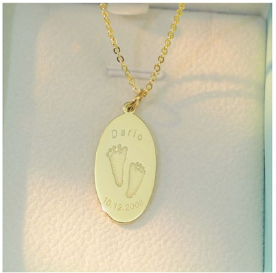 Gold personalized necklace engraved with footprint, date and name — custom keepsake jewelry by Chapters of Joy.