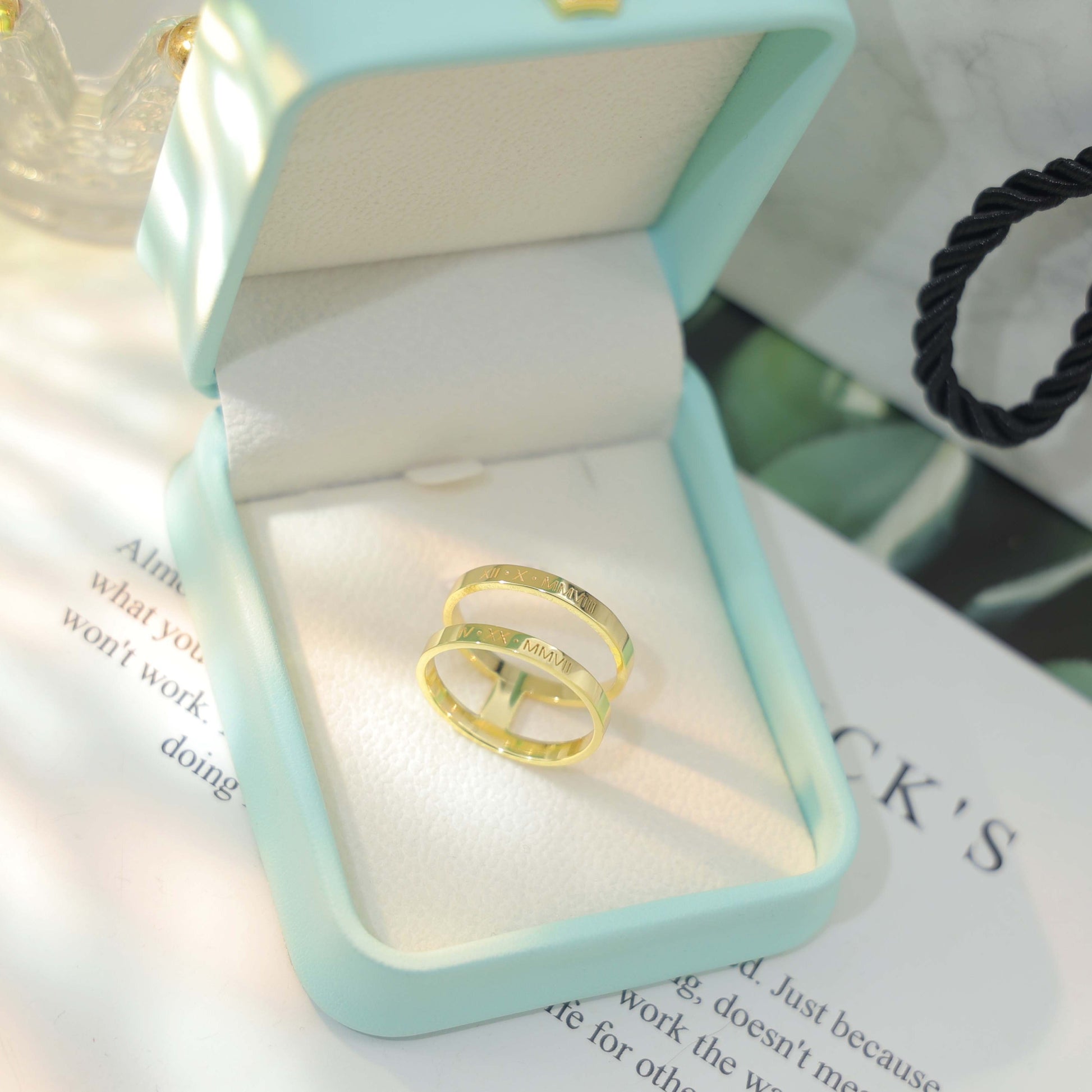Custom two-band ring  engraved keepsake jewelry with roman numbers of important dates gift in 14k gold plated