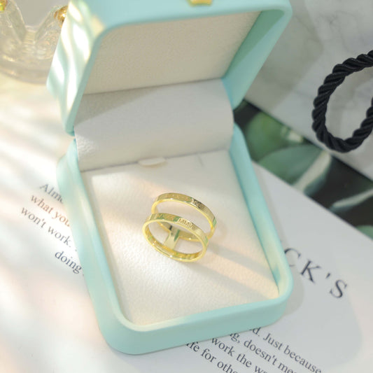 Custom two-band ring  engraved keepsake jewelry with roman numbers of important dates gift in 14k gold plated