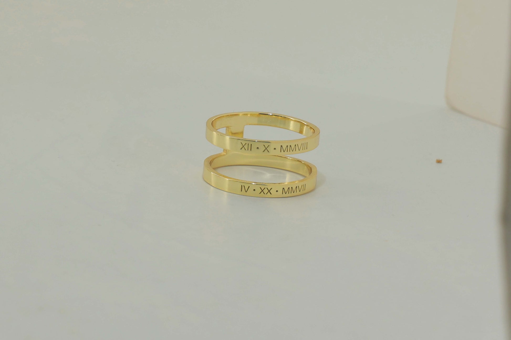 Custom two-band ring – engraved keepsake jewelry with roman numbers of important dates gift in 14k gold plated