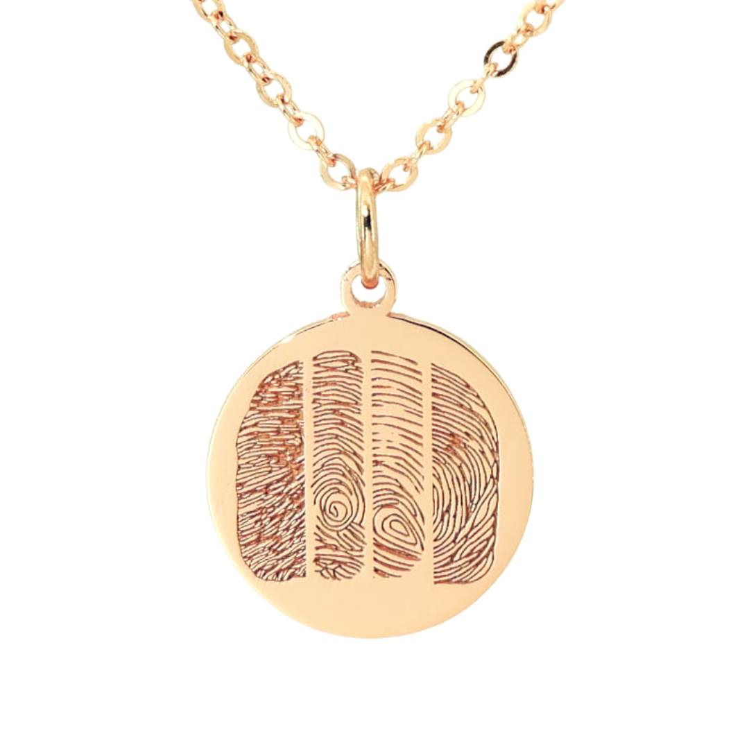 Sterling silver, gold plated pendant engraved with four unique fingerprints on the front and personalized with inscription and Roman numeral dates.