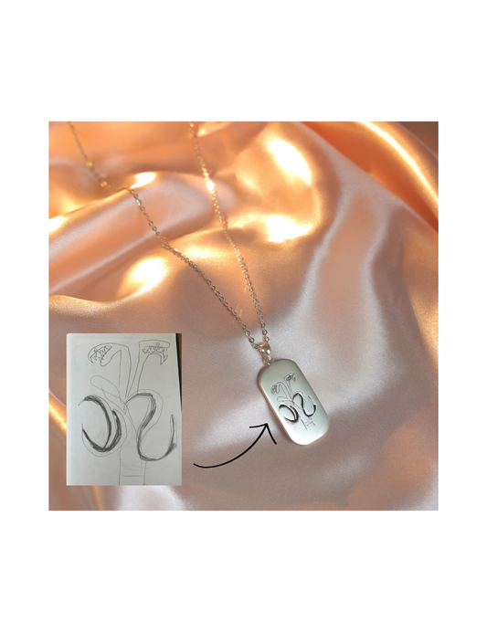 Custom drawing pendant with black ink engraving — meaningful keepsake necklace for him.