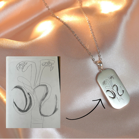 Custom drawing pendant with black ink engraving — meaningful keepsake necklace for him.
