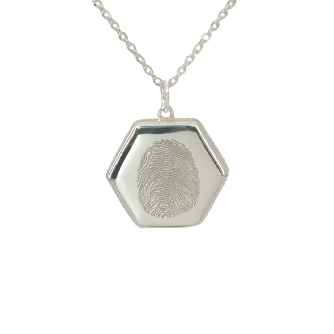 Cora Locket in sterling silver with fingerprint engraving and personalized handwriting message