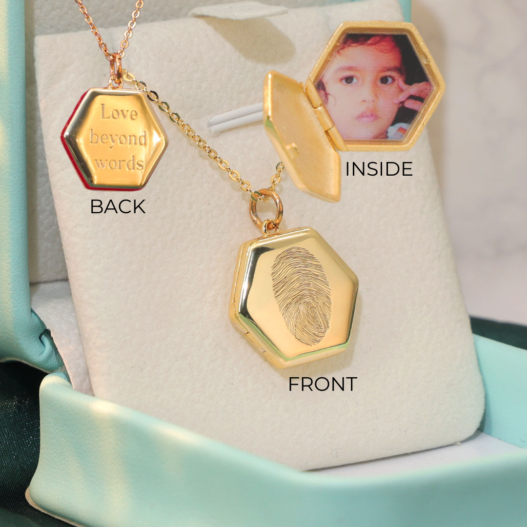 Cora Locket in sterling silver gold plated with fingerprint engraving UV photo engraving and personalized message