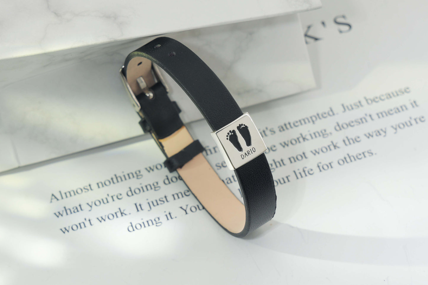 Leather bracelet engraved with baby footprint and name — Hana Bracelet