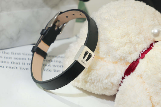 Leather bracelet engraved with baby footprint and name — Hana Bracelet