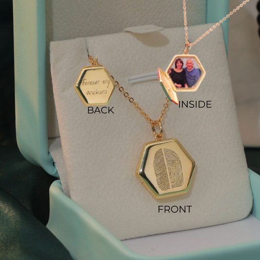 Double fingerprint locket with photo and custom engraving — sentimental gold-plated jewelry by Chapters of Joy.