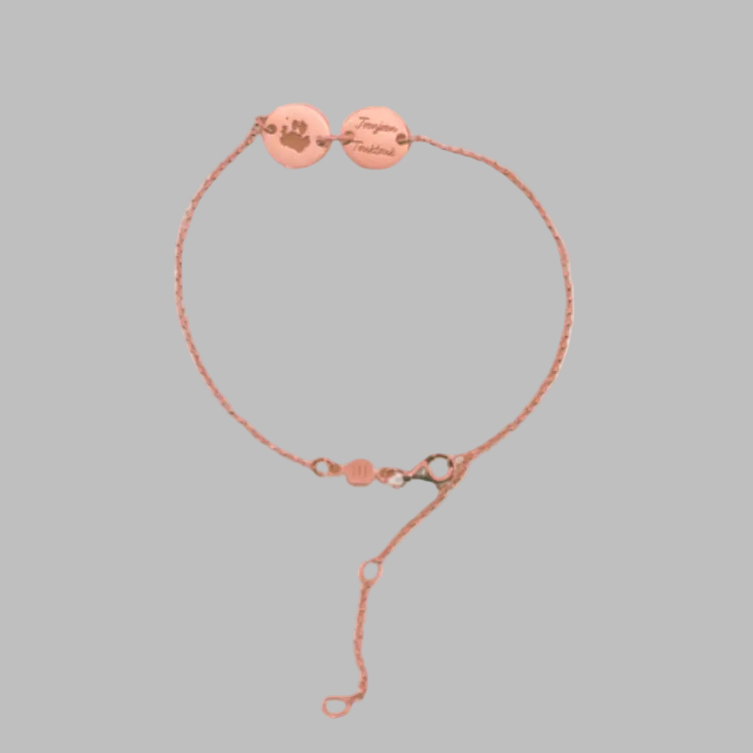 Rose Gold bracelet engraved with pet paw print and name. great custom keepsake jewelry from Chapters of Joy.