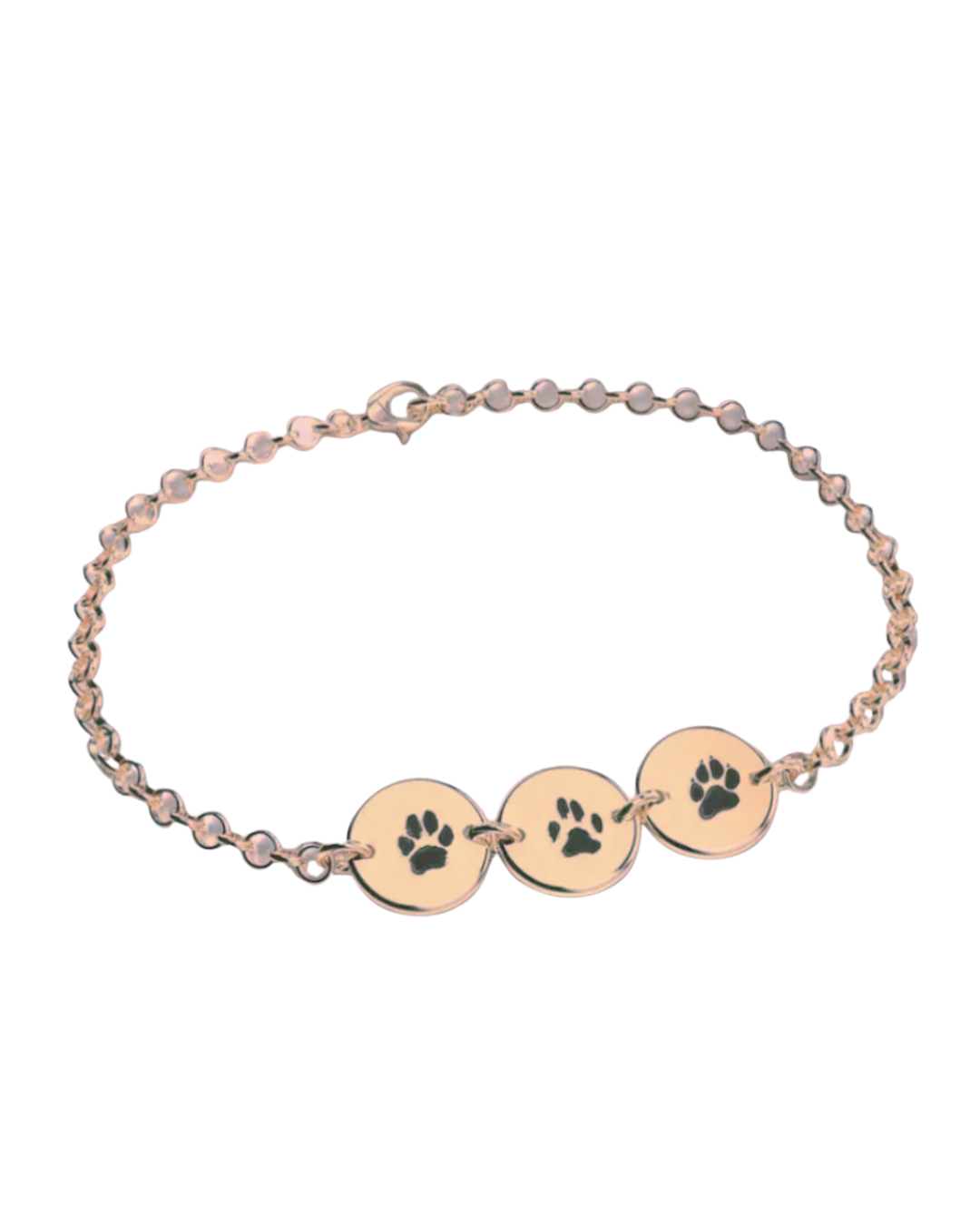 Rose Gold plated, Sterling silver bracelet engraved with three pet paw prints — custom personalized keepsake jewelry from Chapters of Joy.