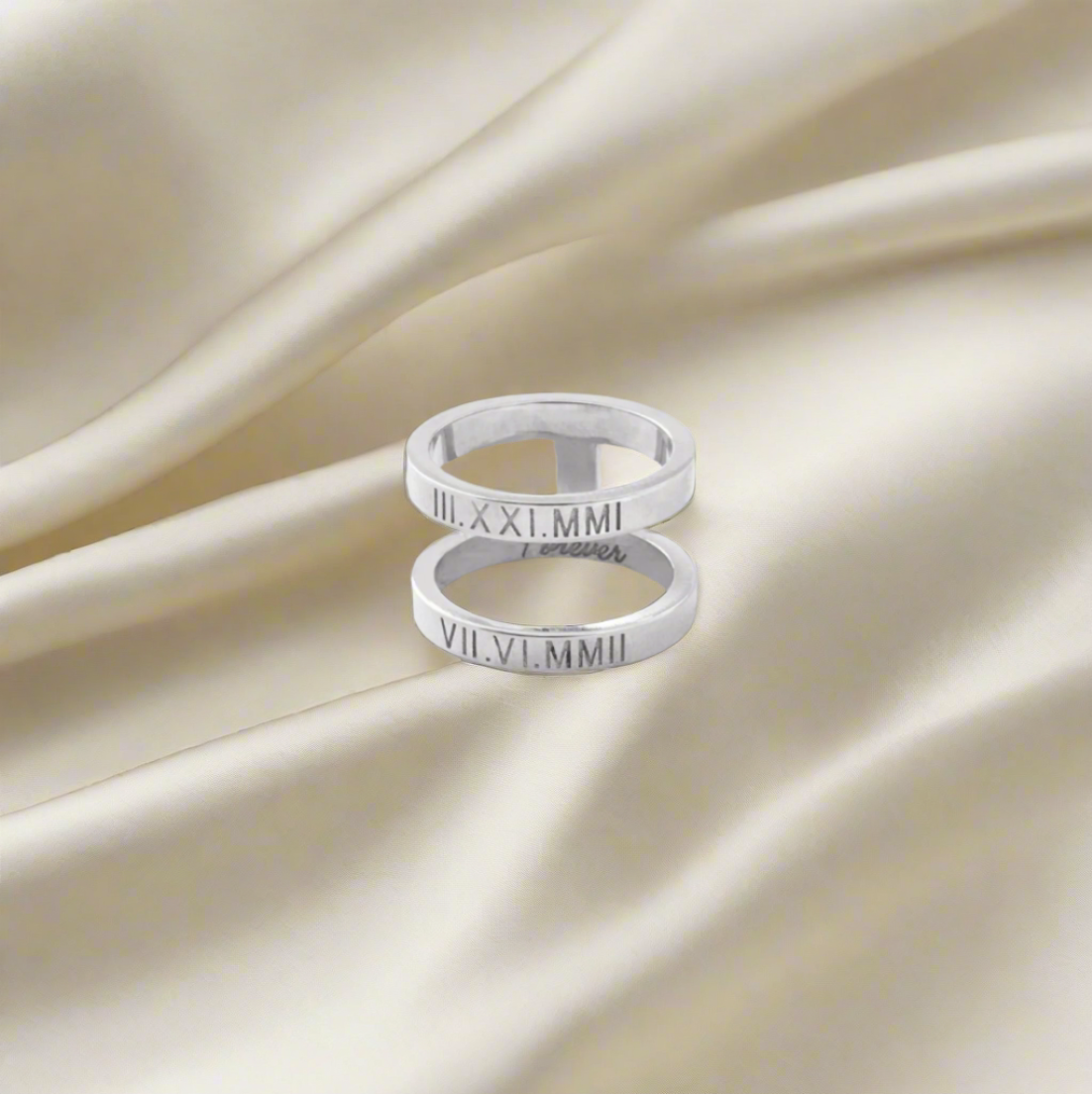Custom two-band ring – engraved keepsake jewelry with roman numbers of important dates gift in sterling silver