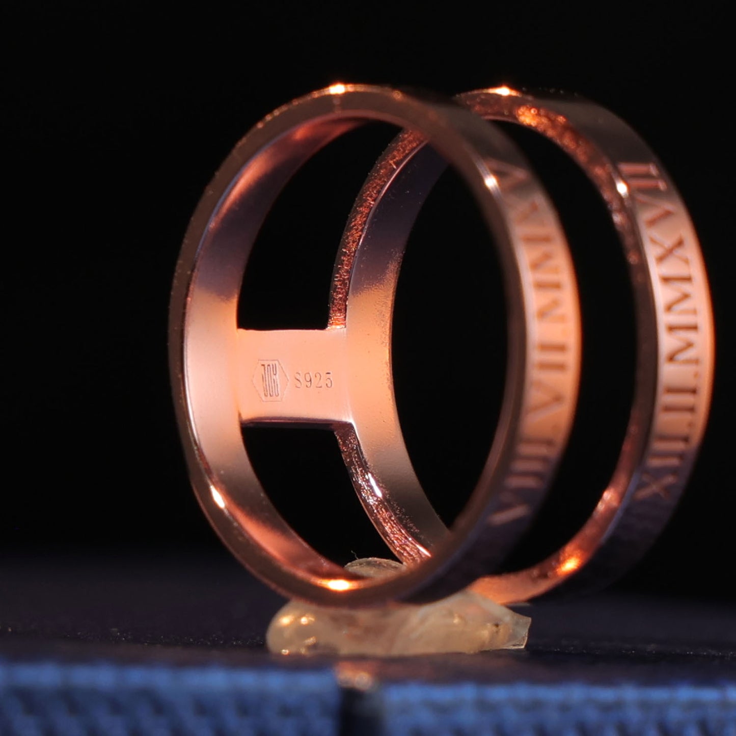 Double ring with roman number engraved on it in rose gold plated by chapters of joy