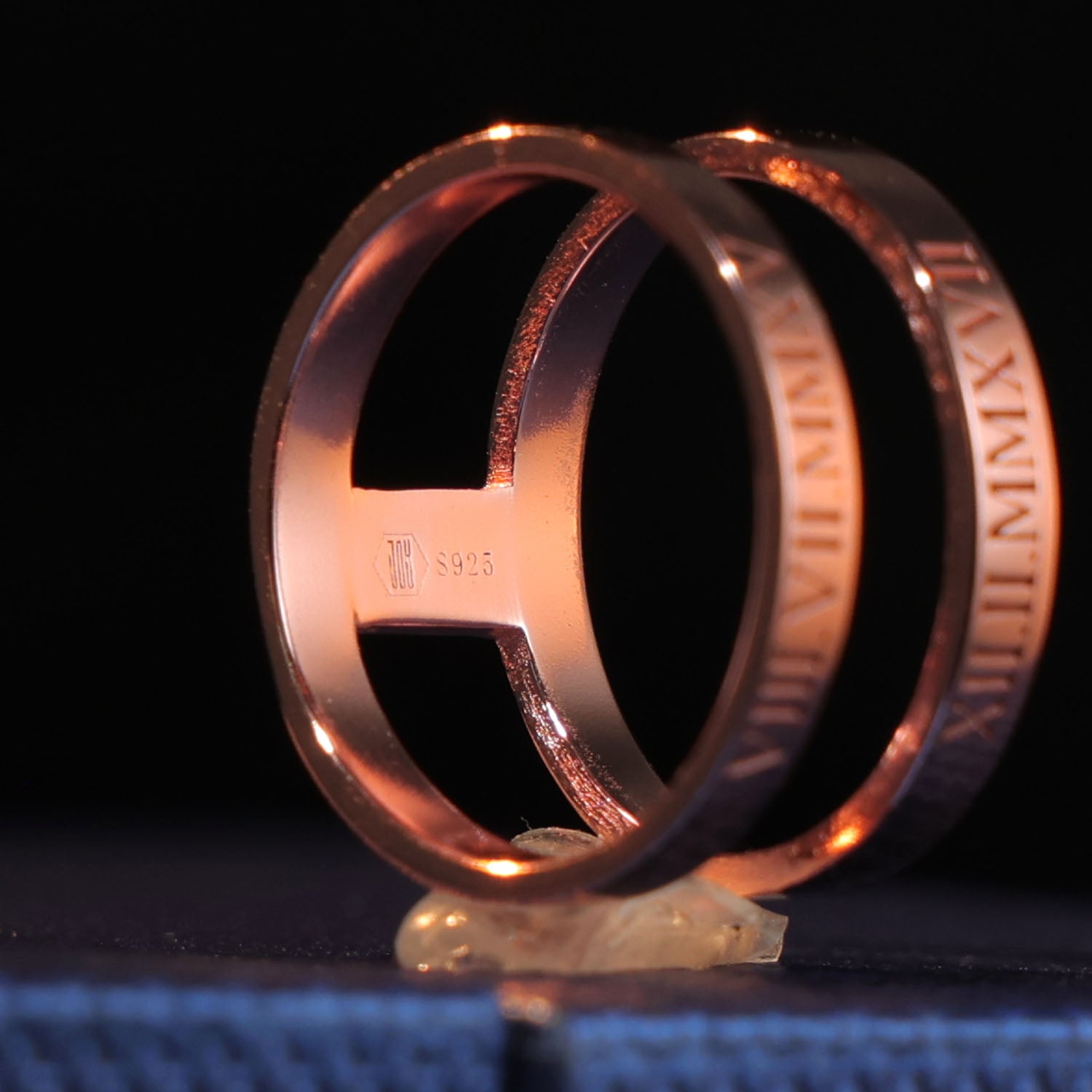 Double ring with roman number engraved on it in rose gold plated by chapters of joy