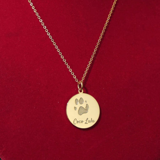The Coco Necklace engraved with custom dog paw and name print in sterling silver gold plated.
