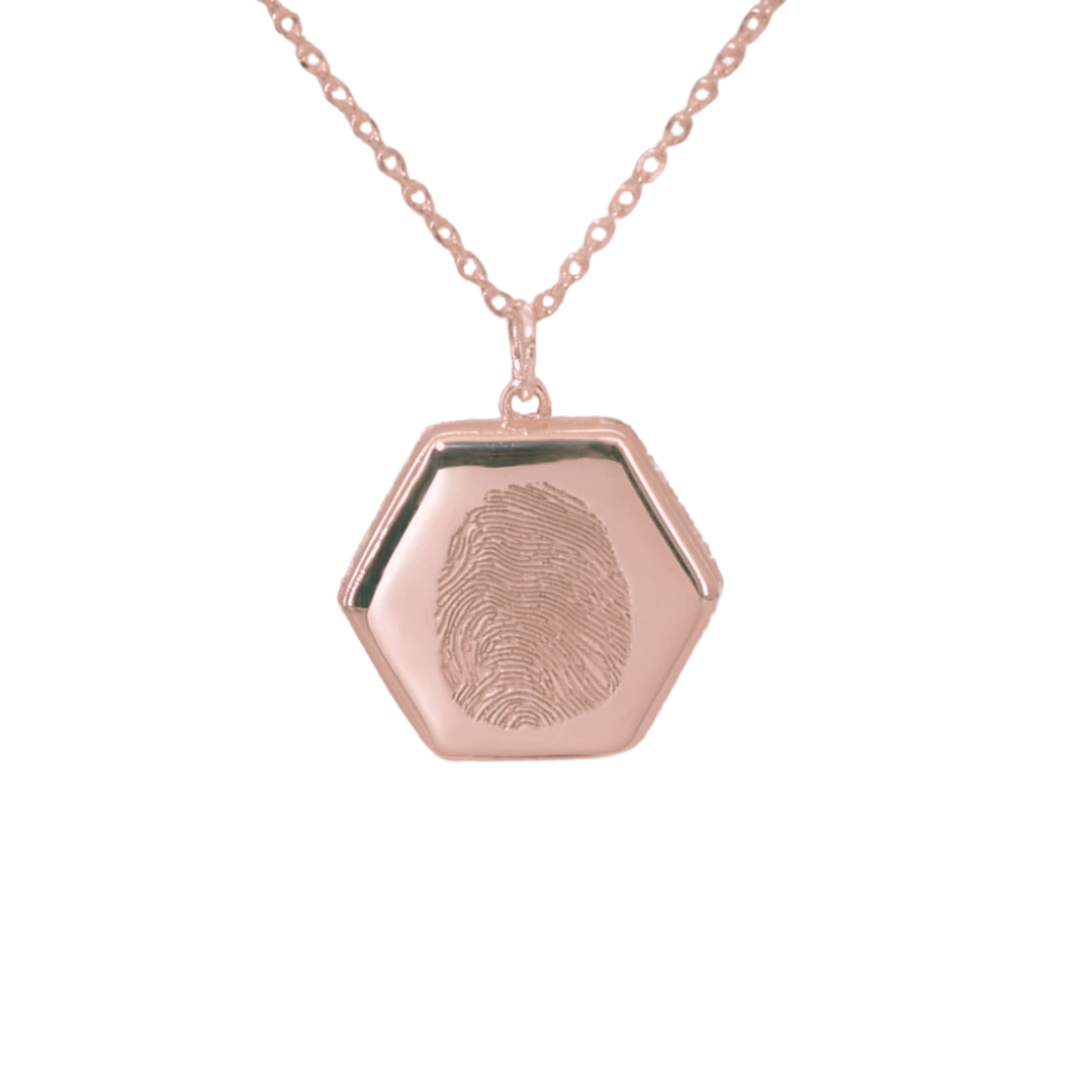 Cora Locket in sterling silver rose gold plated with fingerprint engraving and personalized handwriting message