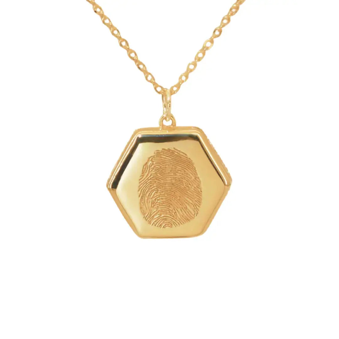 Sterling silver gold plated cora Locket with fingerprint engraving, handwritten message, and UV-lasered photograph inside.