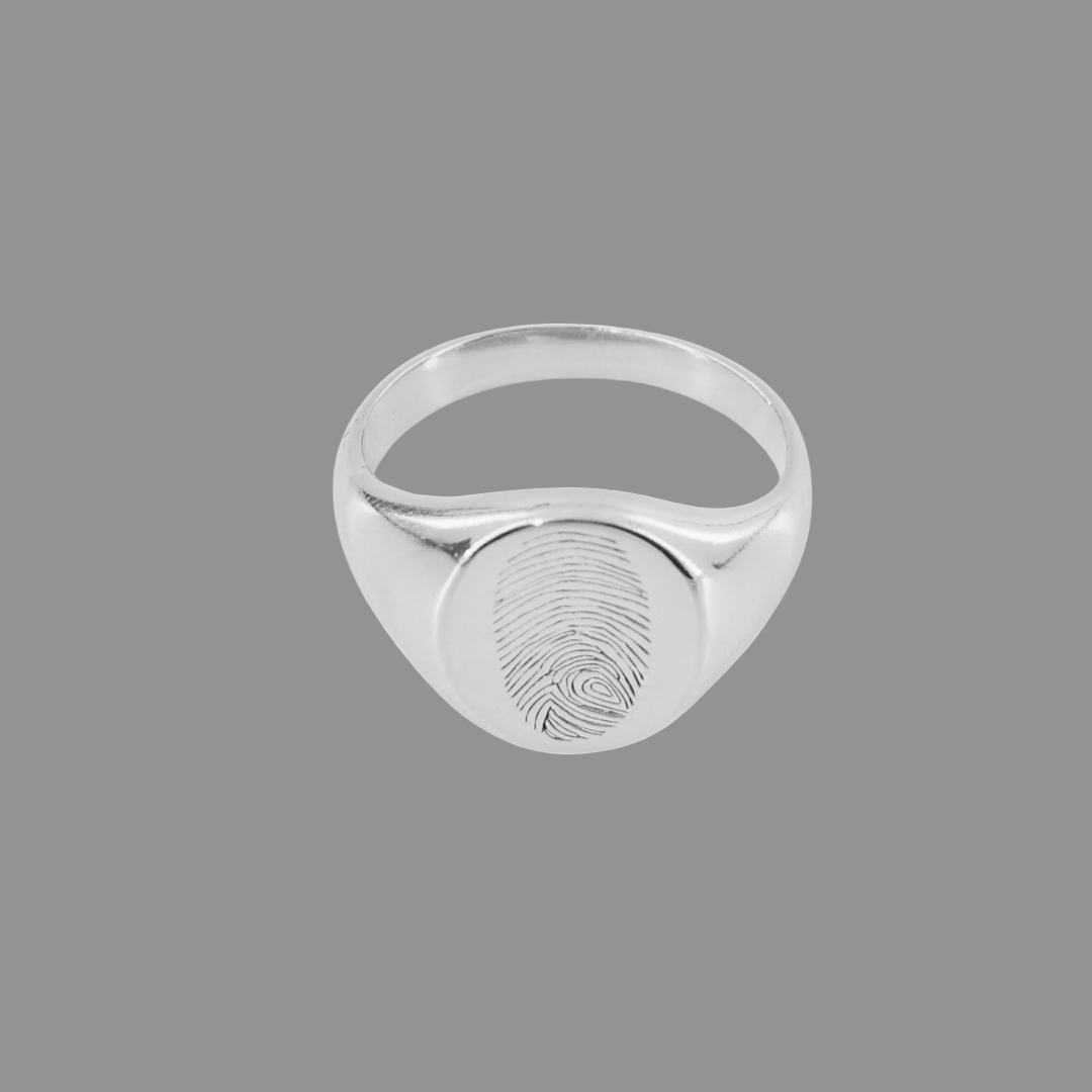 Layla Signet Ring in sterling silver with fingerprint engraving on band.