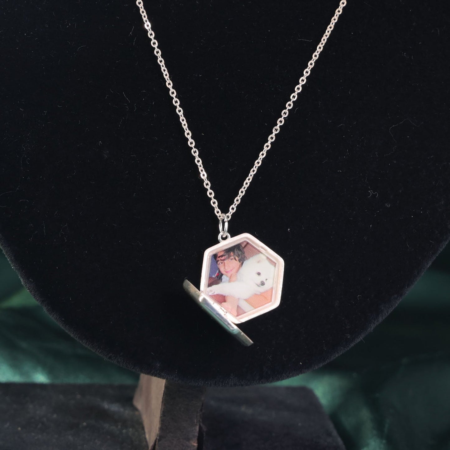 Sterling silver Lina Locket with fingerprint engraving, handwritten message, and UV-lasered photograph inside.