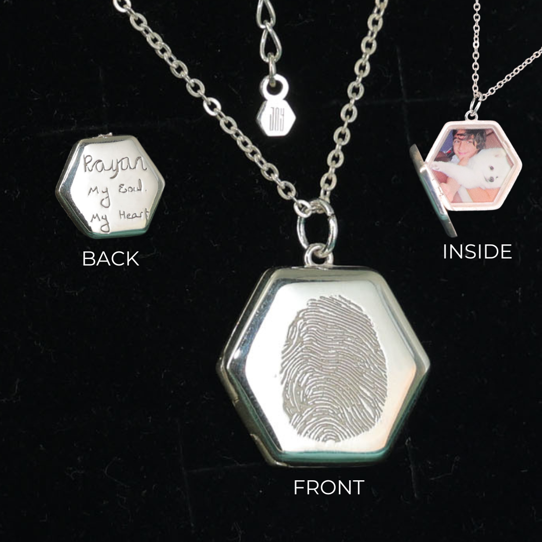 Sterling silver Lina Locket with fingerprint engraving, handwritten message, and UV-lasered photograph inside.