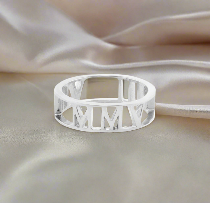 Roman Numeral Ring – custom date engraved band in sterling silver