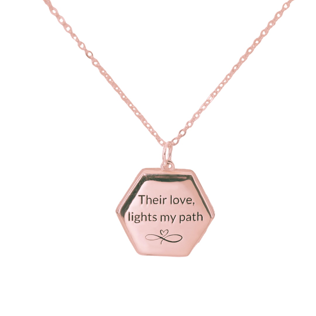 age Locket sterling silver, rose gold plated engraved on back with meaningful note, Their love lights my path