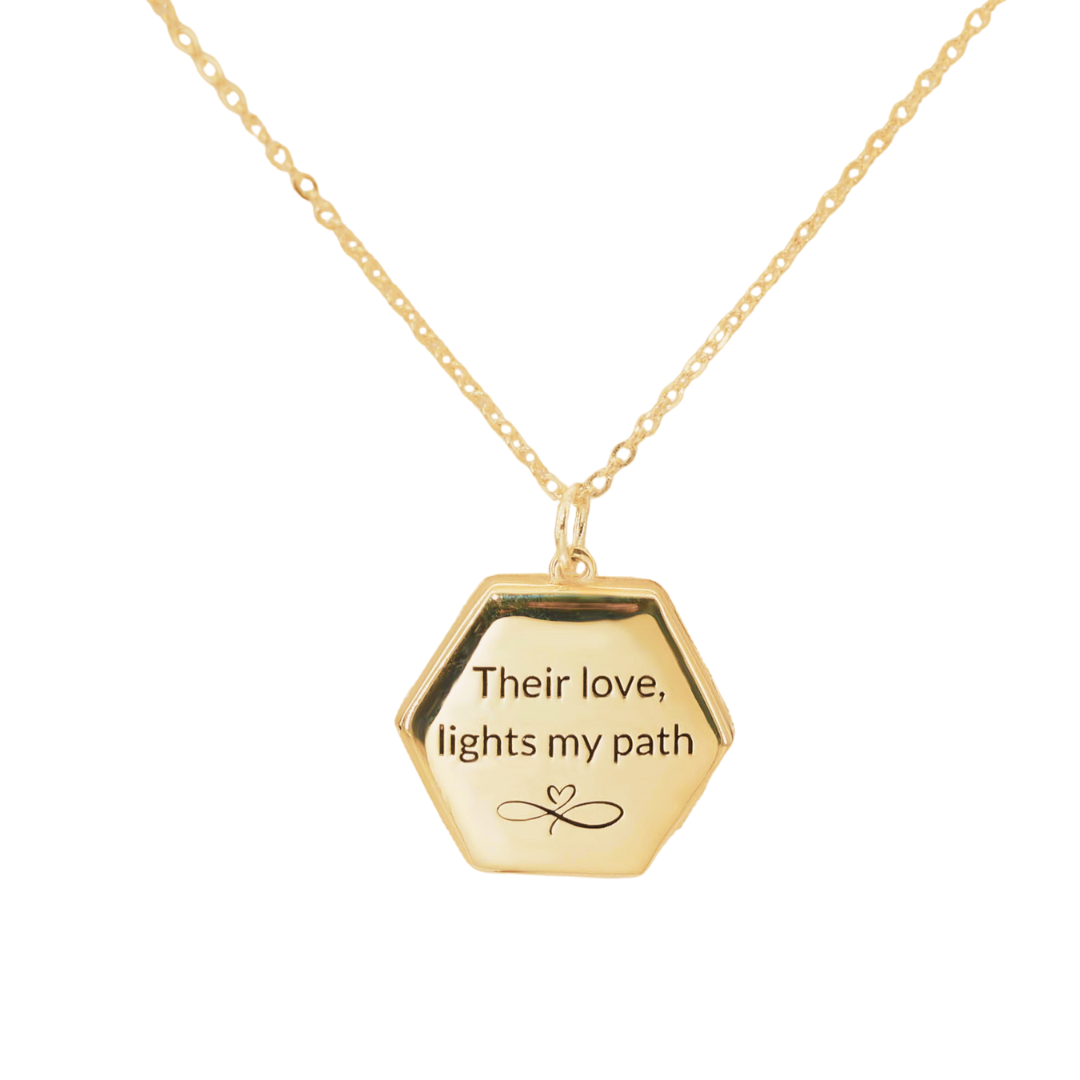 Sage Locket in sterling silver, gold plated. engraved on back with meaningful note, Their love lights my path
