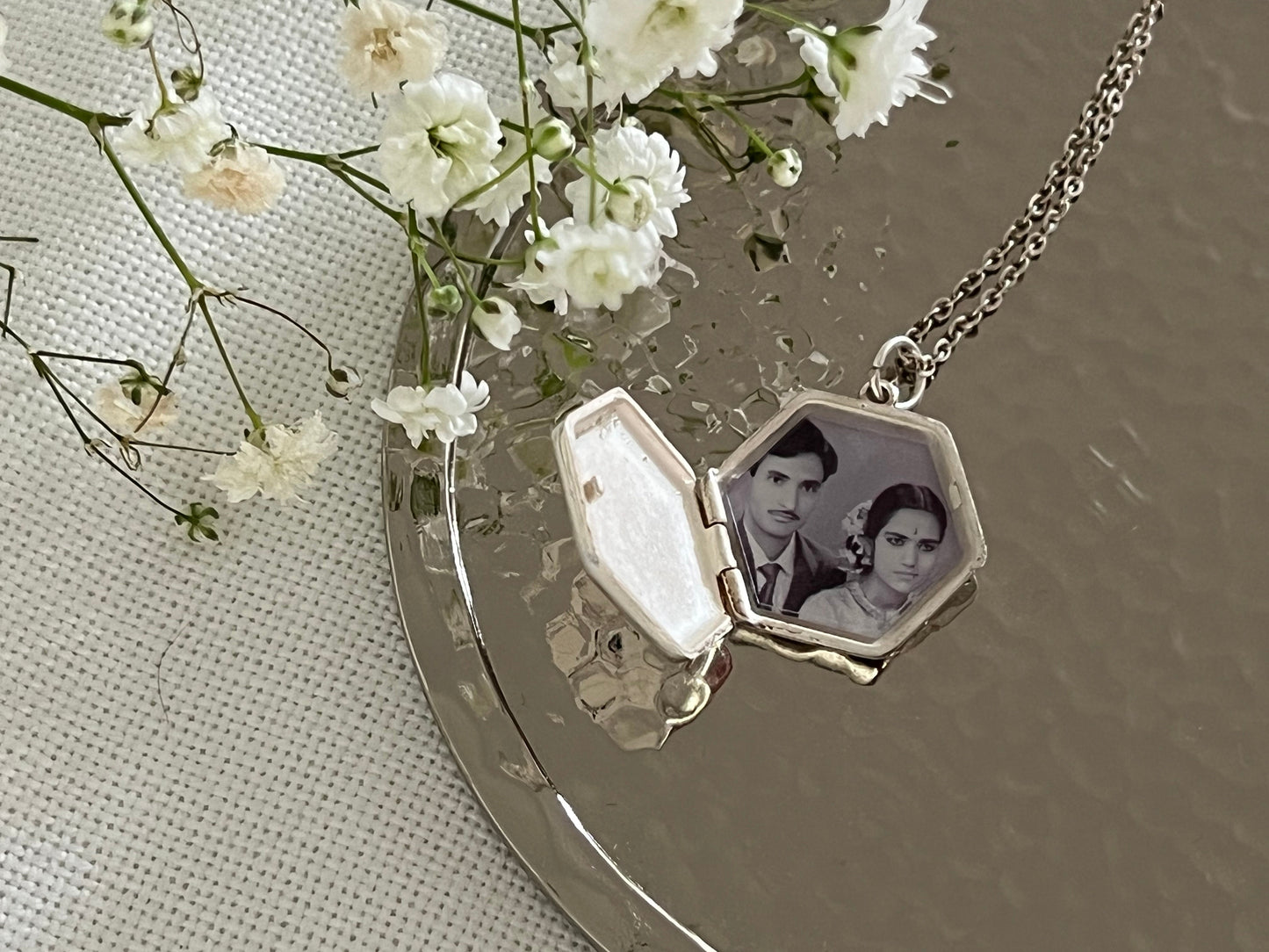 age Locket open with UV-engraved photo of parents inside