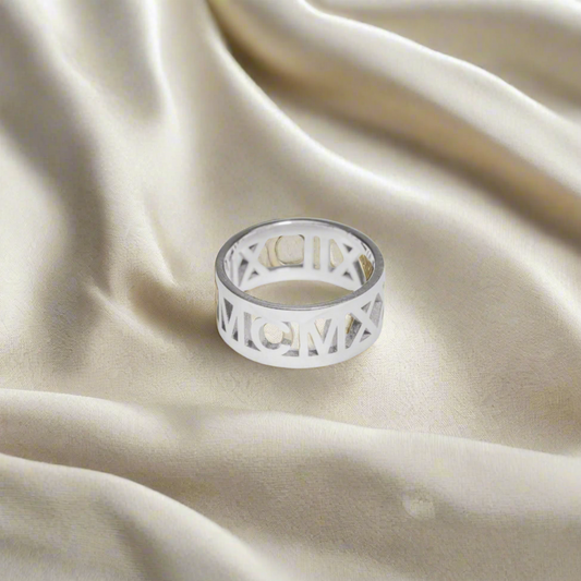 sterling silver Amora Ring engraved with Roman numerals, symbolizing love and lasting memories.