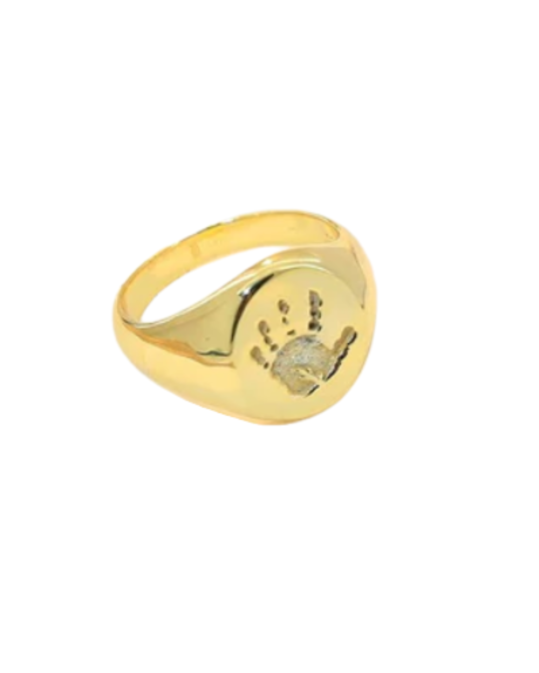baby's hand engraved on a golden signet ring. Made by Chapters of Joy
