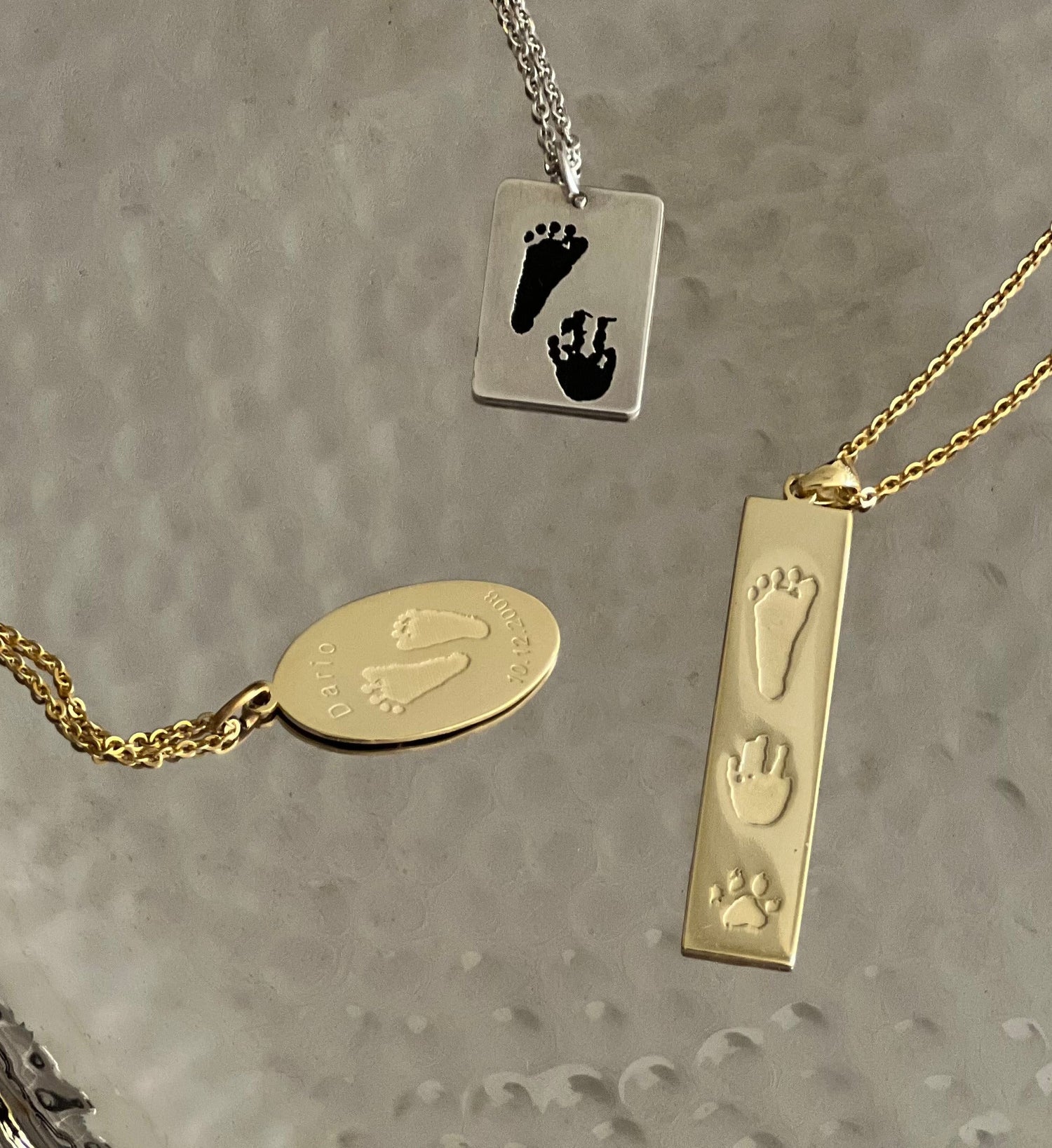 Gold personalized necklace engraved with footprint, date and name — custom keepsake jewelry by Chapters of Joy.