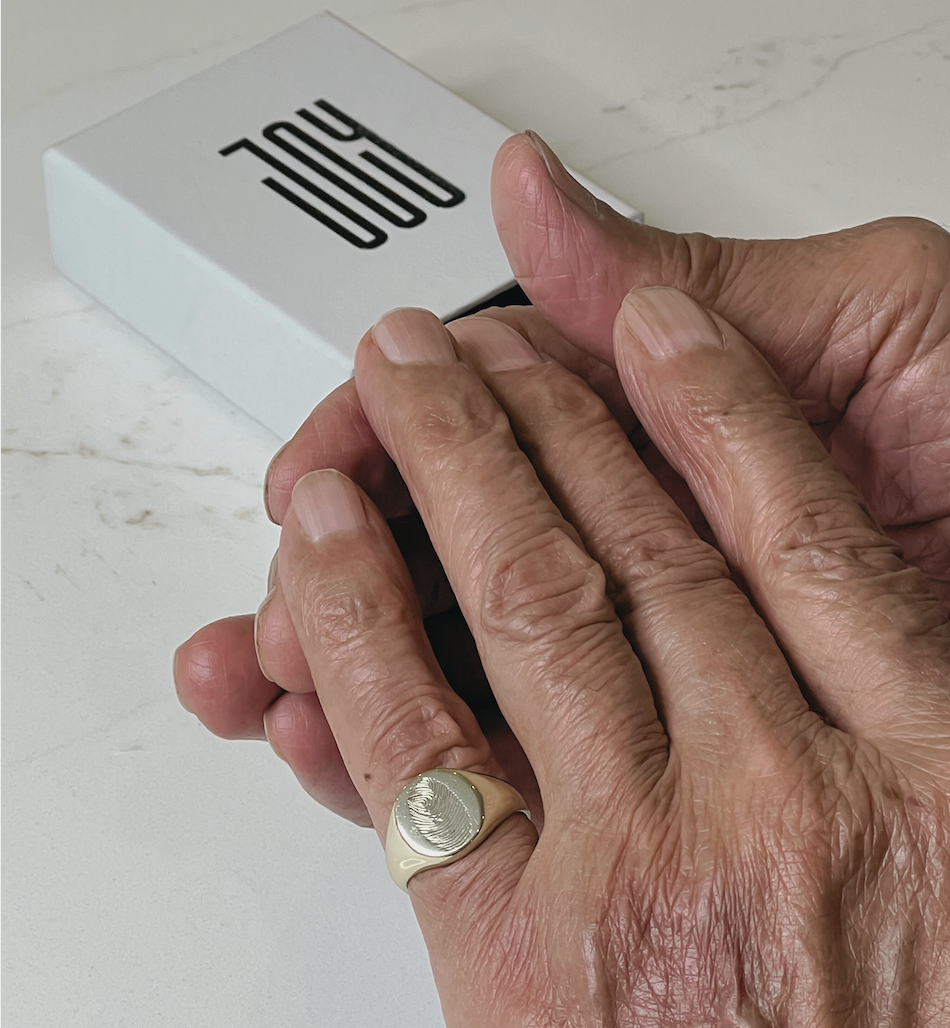 Men’s engraved signet ring with fingerprint — personalized jewelry gift for him by Chapters of Joy.