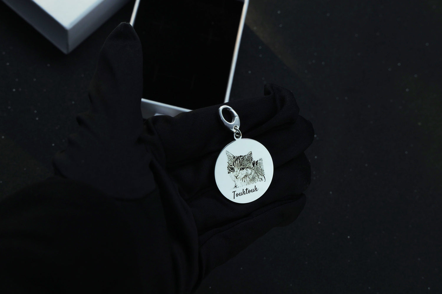 Sterling Silver pendant necklace engraved with a photo of a cat — custom photo engraved jewelry by Chapters of Joy.