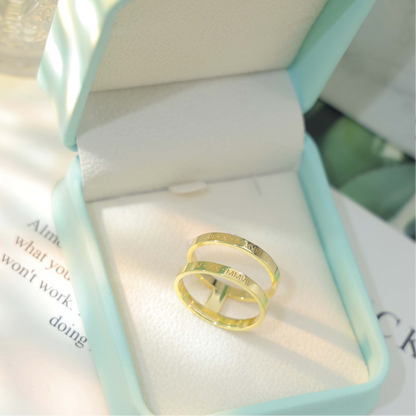 double band gold ring with imortant dates in roman numerals engard on it by chapters of joy