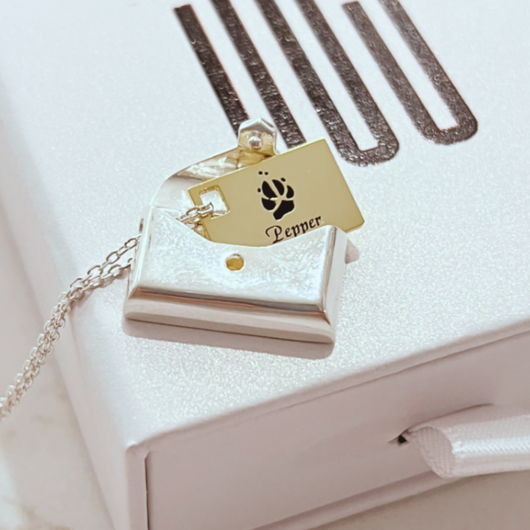 envelope locket with paw print and name engraving 
