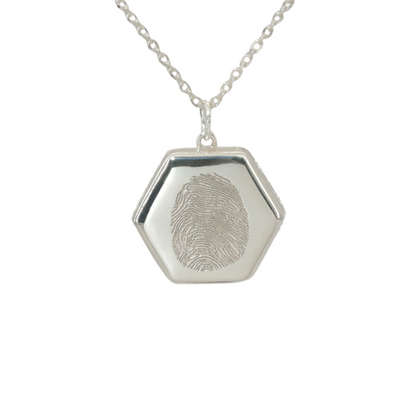 Cora Locket in sterling silver with fingerprint engraving and personalized handwriting message