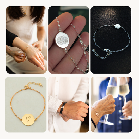 Custom bracelet styles – fingerprint, handwriting, paw print, leather and chain bracelets by Chapters of Joy