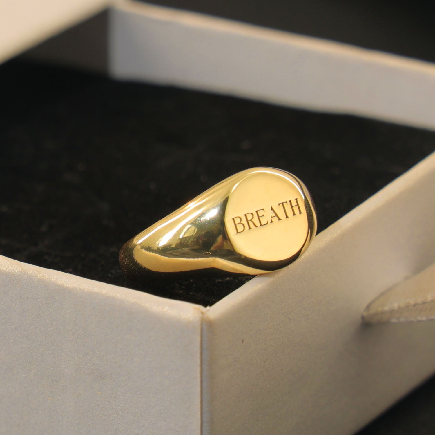 Gold plated Verse Signet Ring engraved with the word LOVE, symbolizing hope, faith, and inspiration.