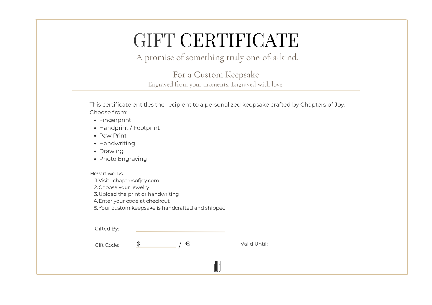 Printable personalized jewelry gift card by Chapters of Joy