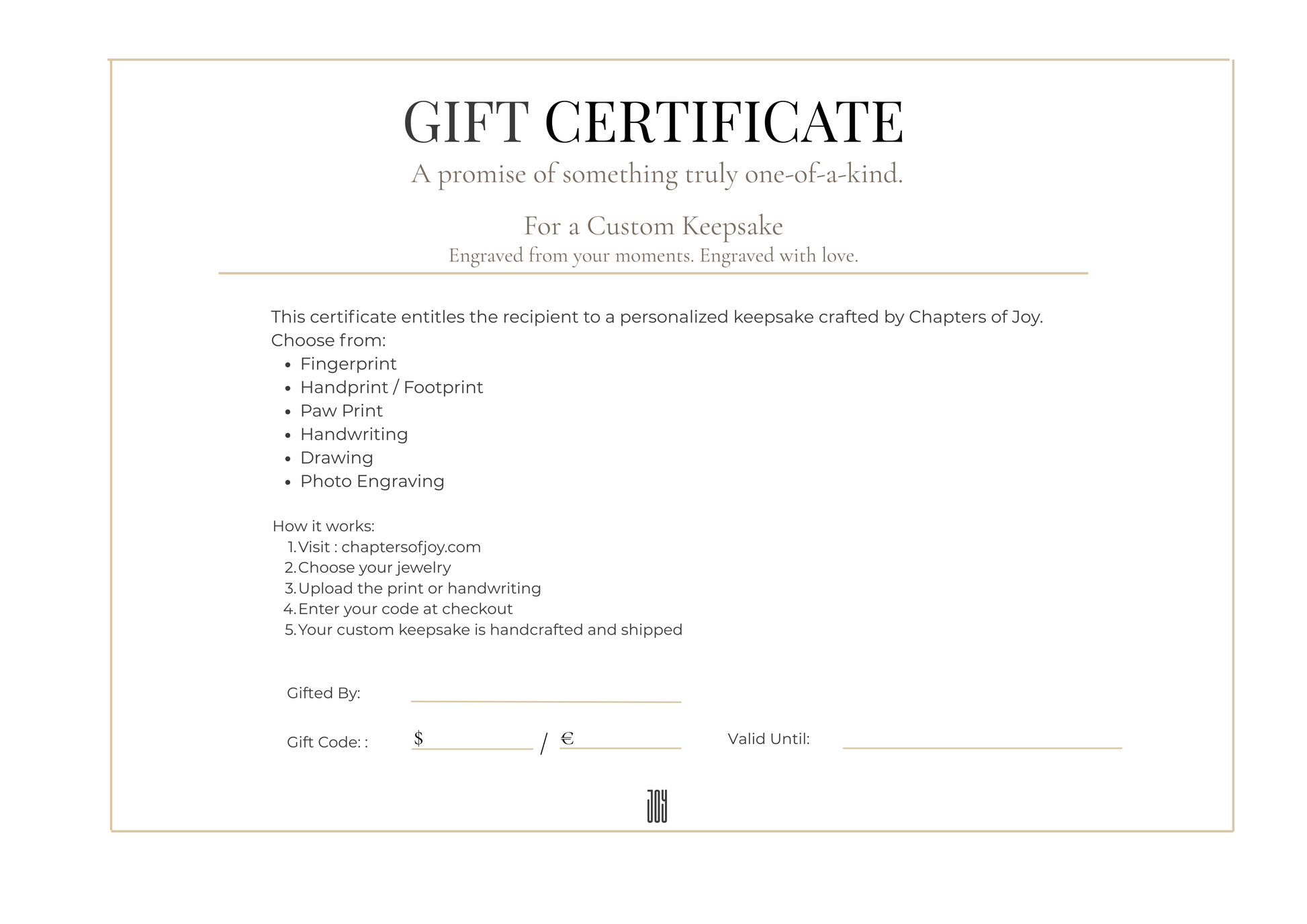 Printable personalized jewelry gift card by Chapters of Joy