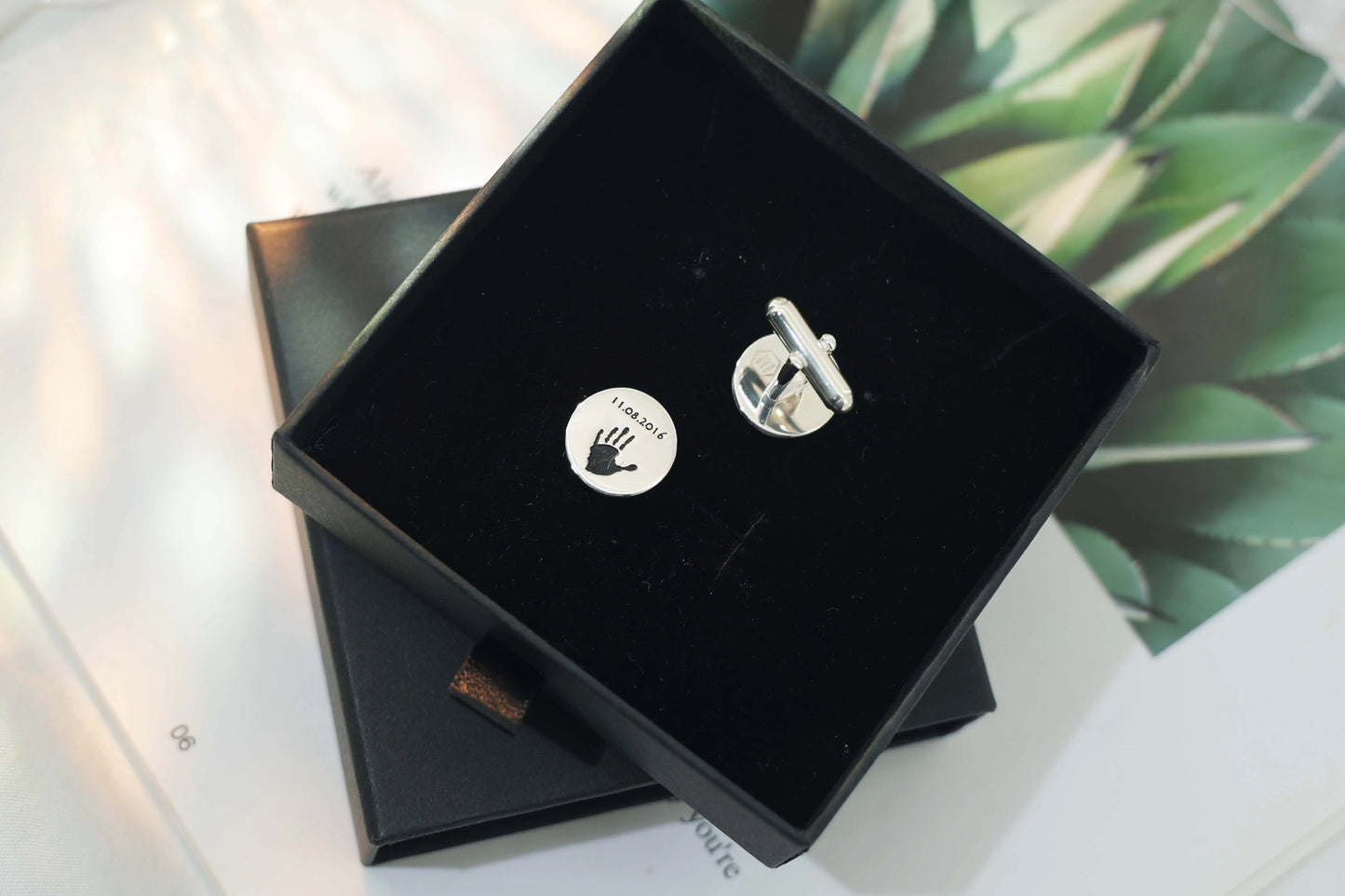 Rayan cufflinks with name and birthdate engraved — Chapters of Joy