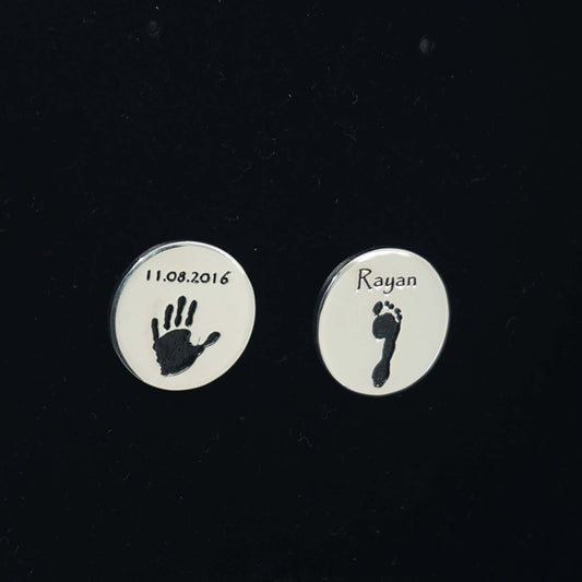 Round cufflinks engraved with baby handprint and footprint in sterling silver — personalized keepsake cufflinks by Chapters of Joy