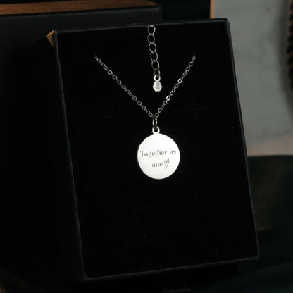 Custom engraved pendant with fingerprints and ‘Together as one’ inscription in sterling silver
