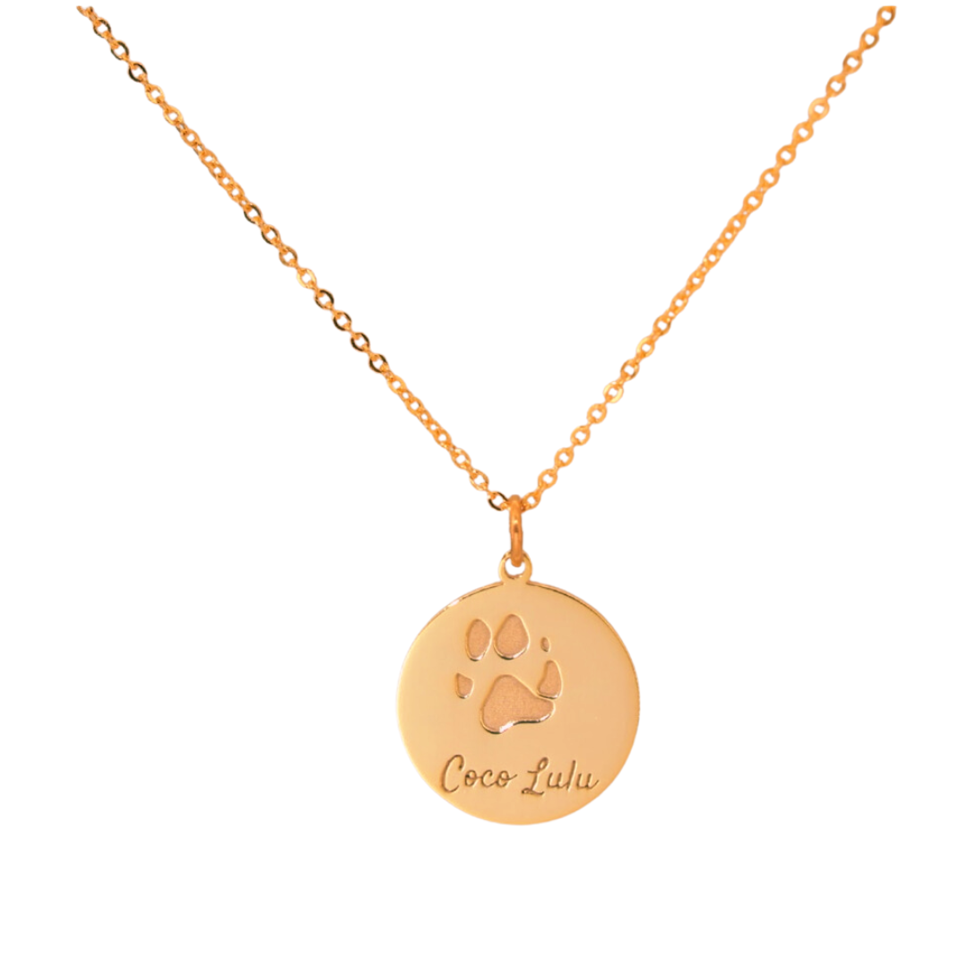 The Coco Necklace engraved with custom dog paw and name print in rose gold plated.