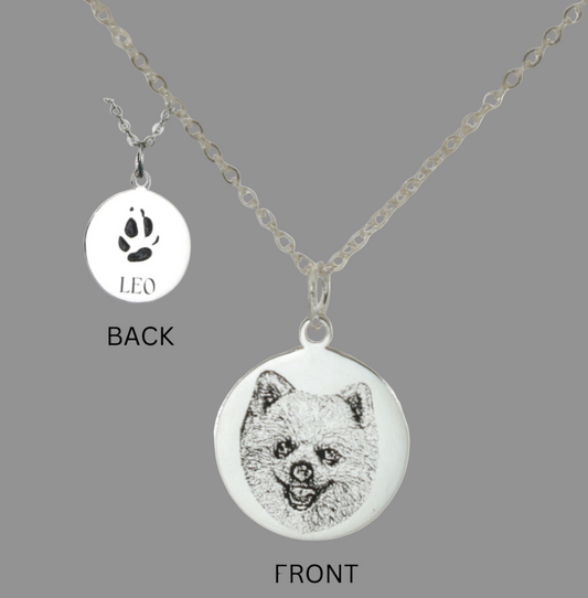 Leora Pendant necklace in sterling silver with engraved paw print, dog name and do portrait