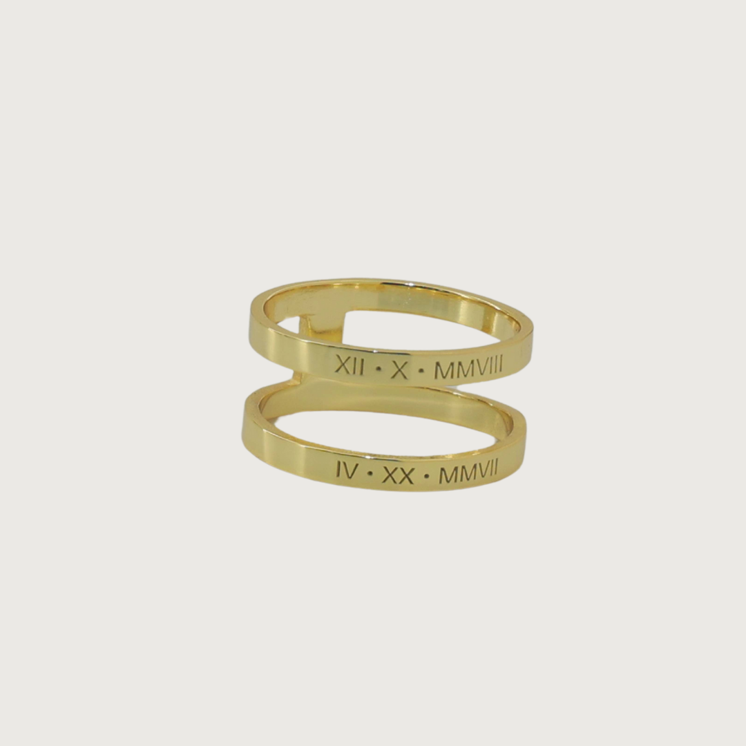 Custom double band ring with vertical bar – unique engraved keepsake jewelry in 14k gold plated