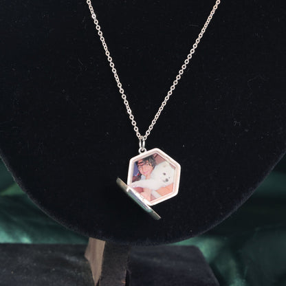 Sterling silver Lina Locket with fingerprint engraving, handwritten message, and UV-lasered photograph inside.