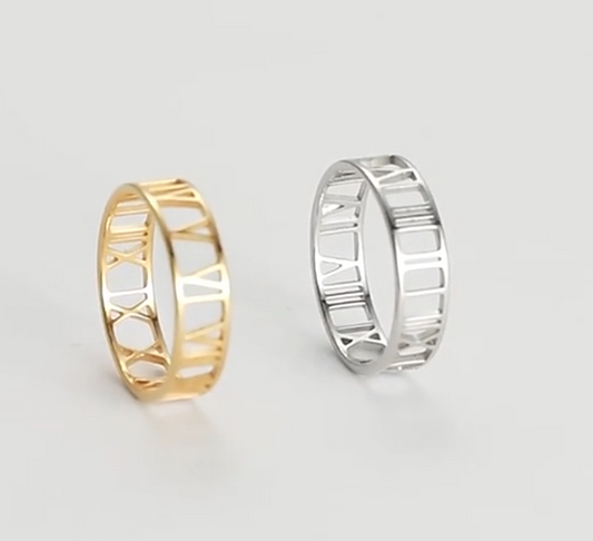 Roman Numeral Ring – custom date engraved band in gold plated and sterling silver