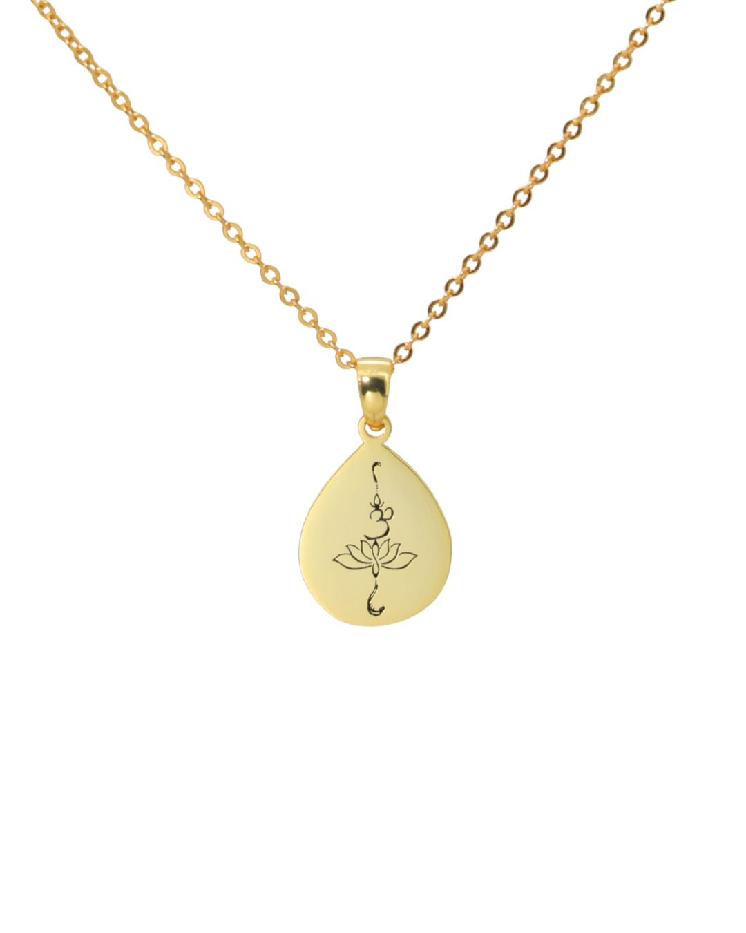 Rose tear drop shape  pendant is sterling silver and gold plated with OM and lotus engraving in black