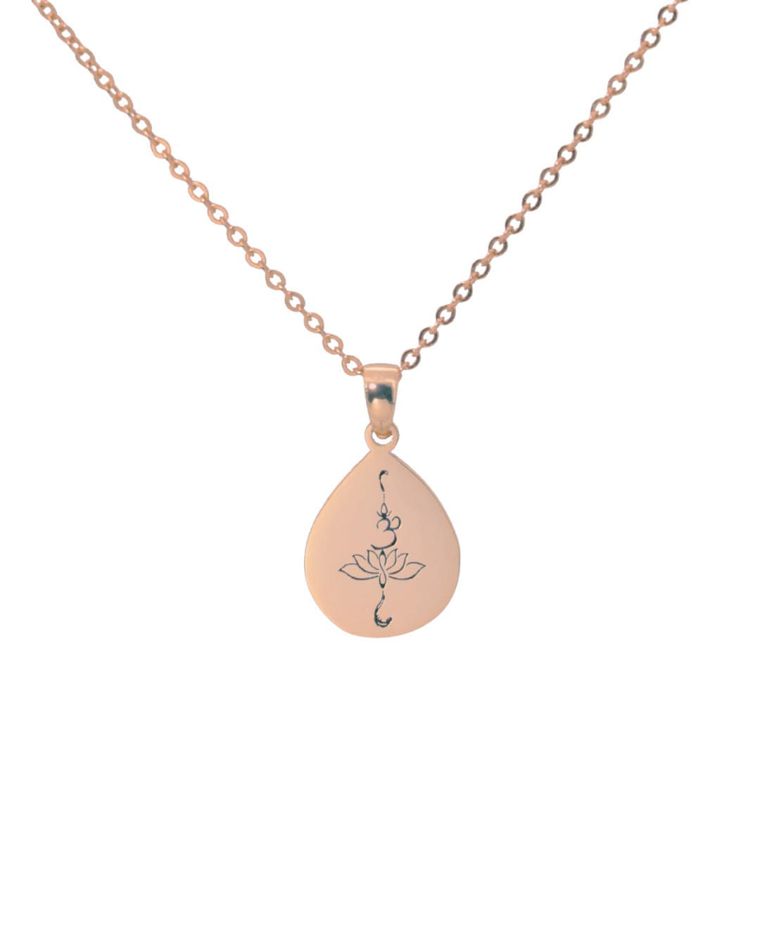 Rose tear drop shape  pendant is sterling silver and 18k rose gold plated with OM and lotus engraving in black