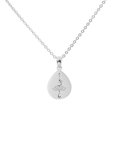 Rose tear drop shape  pendant is sterling silver with OM and lotus engraving in black